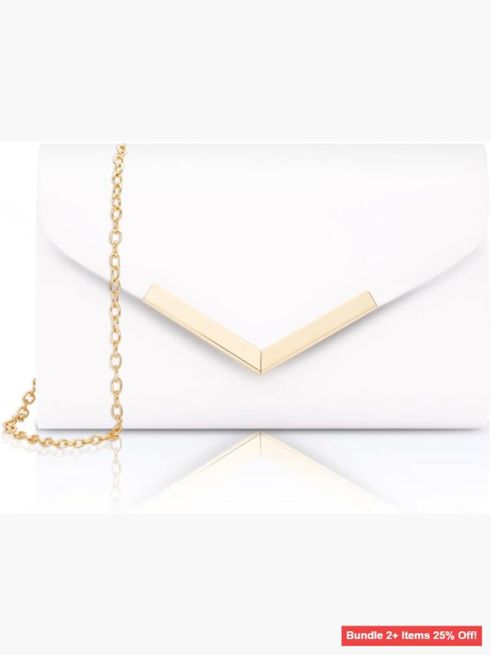 White Vegan Leather Clutch Purse with Chain Strap, Envelope Style Evening Bag